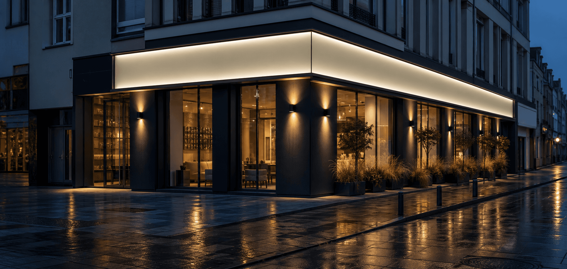 PixelRing Serviceeinsatz an einer Geschaeftsfassade mit Lichtwerbung